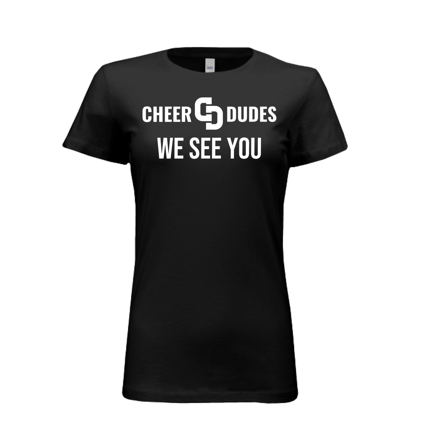 Women's other tee for male cheerleaders with Cheer Dudes logo - shot (multiple colors available)